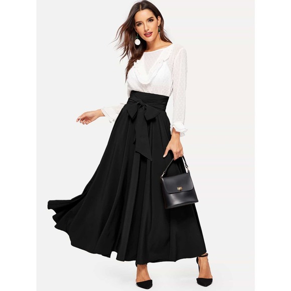 High Waist Zip Back Knotted Swing maxi Skirt black - Picture 3 of 11